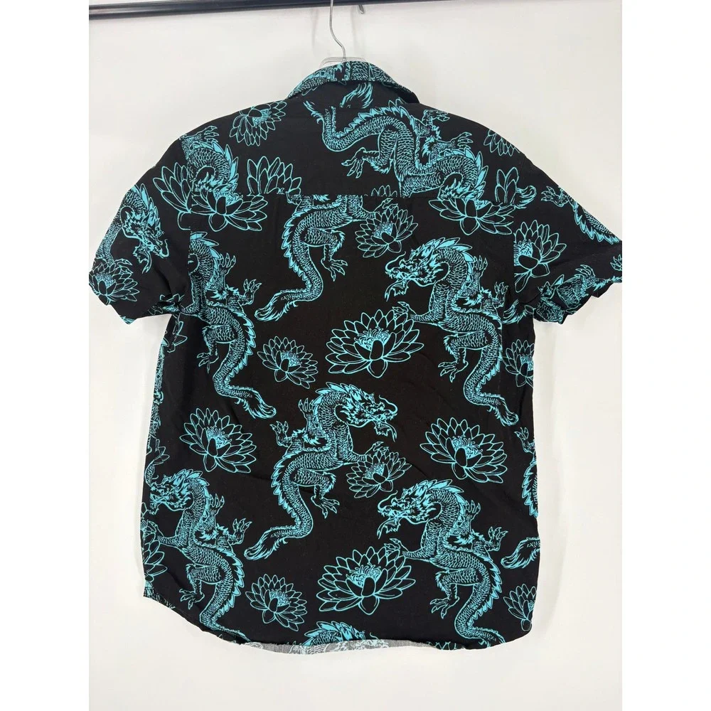 Eighty Eight Mens Black Dragon Lotus Print Short Sleeve Button‎ Up Shirt Size S